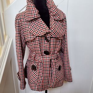 Houndstooth Red And Black Wool Coat